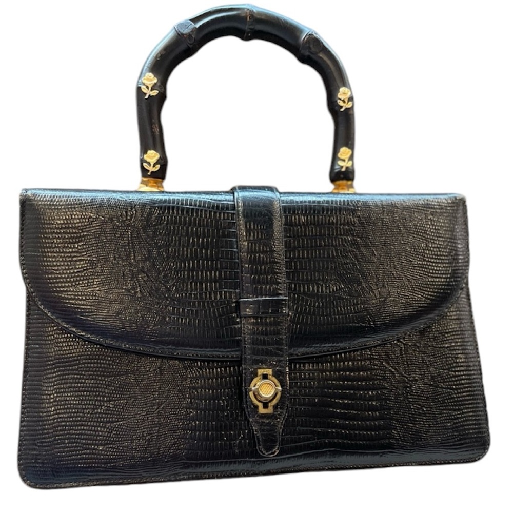 Rosart Vintage Satchel Black Handbag Embossed Croc & Handel with Gold Roses